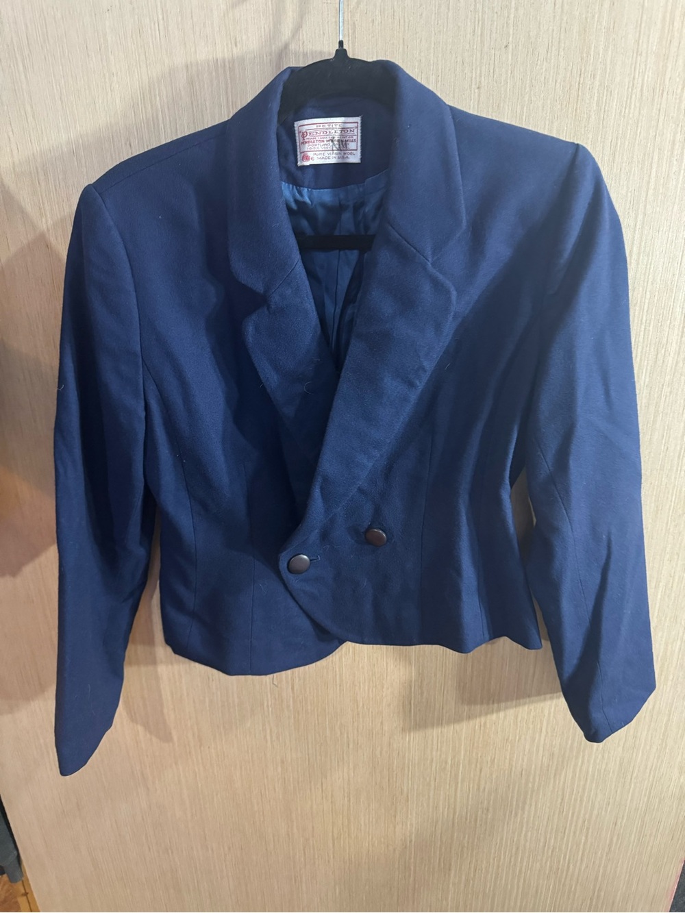 Vintage Pendleton Petite Navy Wool Double-Breasted Cropped Blazer Size 4